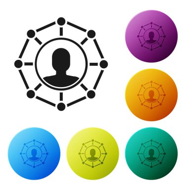 Siyah Proje ekip taban simgesi beyaz arkaplanda izole edildi. İş analizi ve planlama, takım çalışması, proje yönetimi. Geliştiriciler. Renkli daire düğmelerini ayarlayın. Vektör İllüstrasyonu