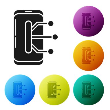 Siyah Smartphone, beyaz arka planda izole cep telefonu simgesi. Simgeler renkli daire düğmelerini ayarlayın. Vektör Illustration