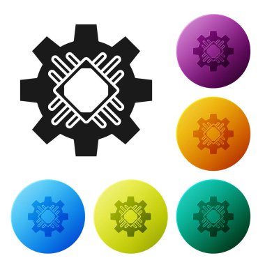 Siyah İşlemci simgesi beyaz arkaplanda izole edildi. İşlemci, merkezi işlem birimi, mikroçip, mikro devre, bilgisayar işlemcisi, çip. Renkli daire düğmelerini ayarlayın. Vektör İllüstrasyonu