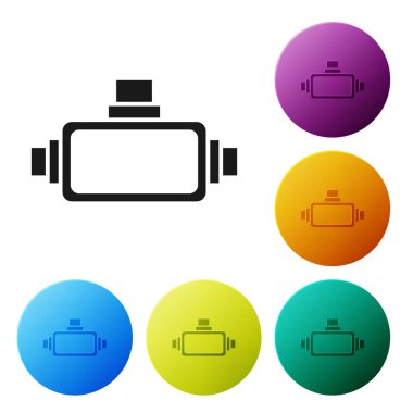 Siyah sanal gerçeklik gözlüğü simgesi beyaz arkaplanda izole edilmiş. Stereoskopik 3D VR maskesi. Renkli daire düğmelerini ayarlayın. Vektör İllüstrasyonu