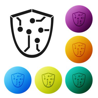 Siyah Siber Güvenlik simgesi beyaz arka planda izole edildi. Kalkan işareti. Güvenlik kavramı. Dijital veri koruması. Renkli daire düğmelerini ayarlayın. Vektör İllüstrasyonu