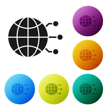 Siyah Küresel teknoloji ya da sosyal ağ simgesi beyaz arkaplanda izole edildi. Renkli daire düğmelerini ayarlayın. Vektör İllüstrasyonu