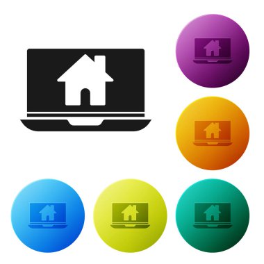 Siyah dizüstü bilgisayar ve beyaz arka planda izole edilmiş akıllı ev simgesi. Uzaktan kumanda. Renkli daire düğmelerini ayarlayın. Vektör İllüstrasyonu