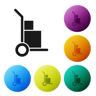 Siyah El kamyonu ve beyaz arka planda izole edilmiş kutular. Dolly sembolü. Renkli daire düğmelerini ayarlayın. Vektör İllüstrasyonu