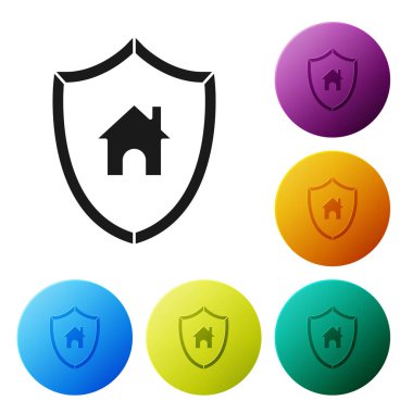 Beyaz arka planda izole edilmiş kalkan simgesine sahip Kara Ev. Sigorta konsepti. Güvenlik, güvenlik, koruma, konsept koruma. Renkli daire düğmelerini ayarlayın. Vektör İllüstrasyonu