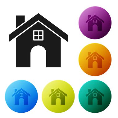 Siyah Saray simgesi beyaz arkaplanda izole edildi. Ev sembolü. Renkli daire düğmelerini ayarlayın. Vektör İllüstrasyonu