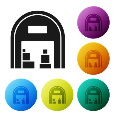 Siyah Depo simgesi beyaz arkaplanda izole edilmiş. Renkli daire düğmelerini ayarlayın. Vektör İllüstrasyonu