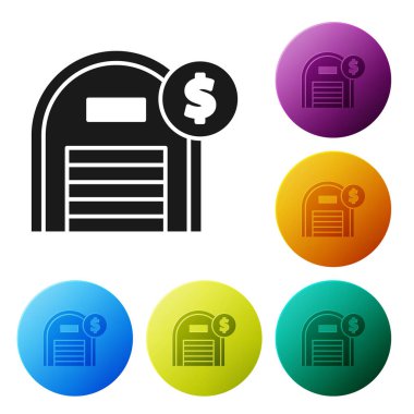 Beyaz arka planda dolar sembolü olan Siyah Depo. Emlak konsepti. Renkli daire düğmelerini ayarlayın. Vektör İllüstrasyonu