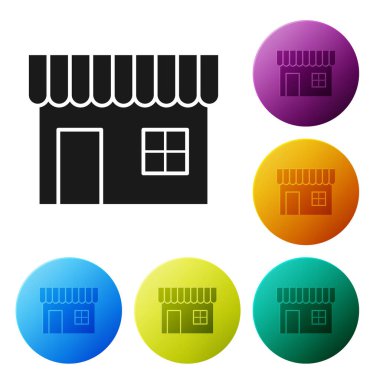 Siyah alışveriş binası veya Pazar Mağazası simgesi beyaz arka planda izole. Dükkan İnşaatı. Simgeler renkli daire düğmelerini ayarlayın. Vektör Illustration