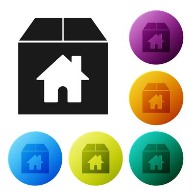 Beyaz arka planda izole edilmiş ev sembolü simgesi olan siyah karton kutu. Kutu, paket, paket işareti. Teslimat, ulaşım ve nakliye. Renkli daire düğmelerini ayarlayın. Vektör İllüstrasyonu