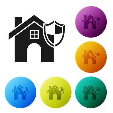 Beyaz arka planda izole edilmiş kalkan simgesine sahip Kara Ev. Sigorta konsepti. Güvenlik, güvenlik, koruma, konsept koruma. Renkli daire düğmelerini ayarlayın. Vektör İllüstrasyonu