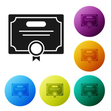 Beyaz arkaplanda siyah sertifika şablon simgesi izole edildi. Başarı, ödül, diploma, burs, diploma. İş başarısı sertifikası Renkli daire düğmelerini ayarlayın. Vektör İllüstrasyonu