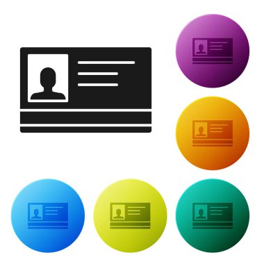 Siyah tanımlama rozeti simgesi beyaz arka planda yalıtılmış. Bu sunum, şirketin kimliği, reklam için kullanılabilir. Simgeler renkli daire düğmelerini ayarlayın. Vektör Illustration