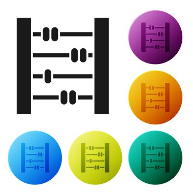 Siyah Abaküs simgesi beyaz arkaplanda izole edildi. Geleneksel sayım çerçevesi. Eğitim işareti. Matematik okulu. Renkli daire düğmelerini ayarlayın. Vektör İllüstrasyonu
