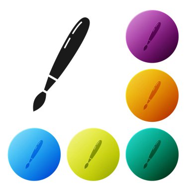 Beyaz arkaplanda siyah boya fırçası simgesi izole edildi. Renkli daire düğmelerini ayarlayın. Vektör İllüstrasyonu