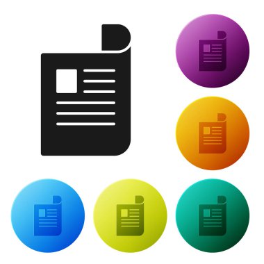 Siyah belge simgesi beyaz arka planda yalıtılmış. Dosya simgesi. Kontrol listesi simgesi. İş konsepti. Simgeler renkli daire düğmelerini ayarlayın. Vektör Illustration