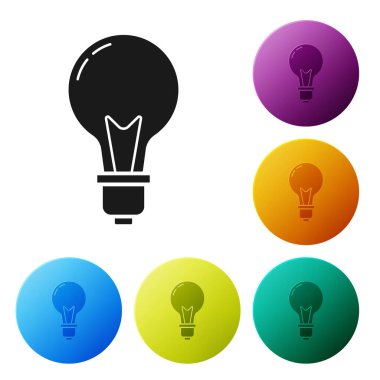 Beyaz arka planda izole fikir simgesi kavramı ile siyah ampul. Enerji ve fikir sembolü. İlham konsepti. Simgeler renkli daire düğmelerini ayarlayın. Vektör Illustration