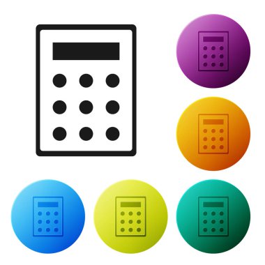 Siyah hesaplama simgesi beyaz arka planda yalıtılmış. Muhasebe sembolü. İş hesaplamaları matematik eğitimi ve finans. Simgeler renkli daire düğmelerini ayarlayın. Vektör Illustration