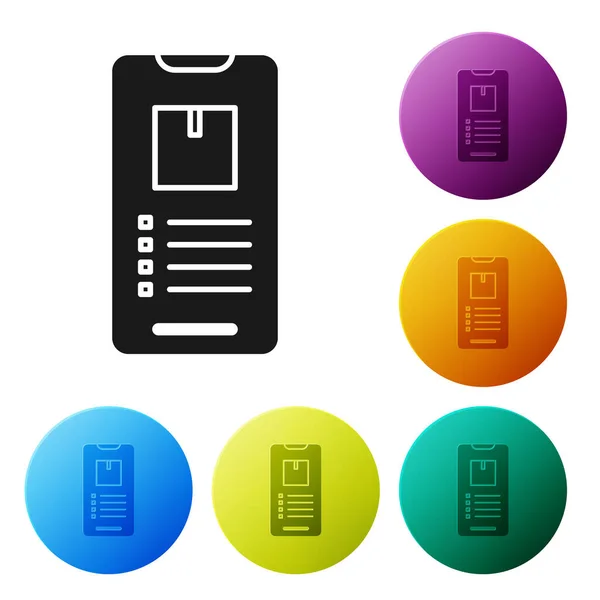Schwarzes Mobiltelefon mit App-Tracking-Symbol auf weißem Hintergrund. Paketverfolgung. setzen Symbole bunte Kreis-Tasten. Vektorillustration — Stockvektor