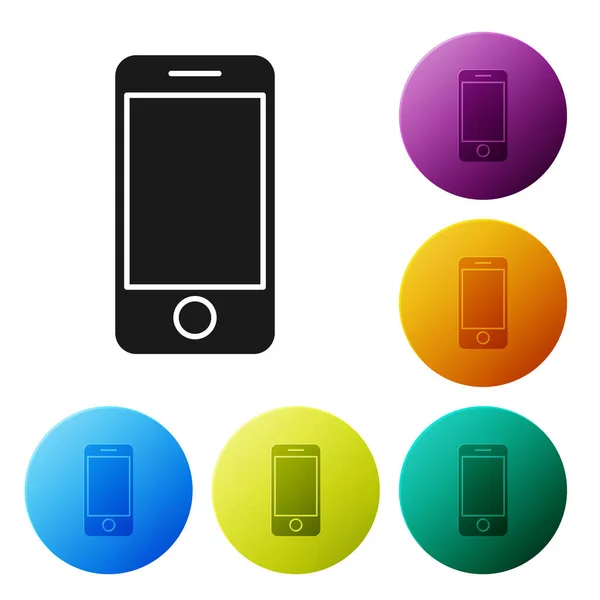 Schwarzes Mobiltelefon mit App-Tracking-Symbol auf weißem Hintergrund. Paketverfolgung. setzen Symbole bunte Kreis-Tasten. Vektorillustration — Stockvektor