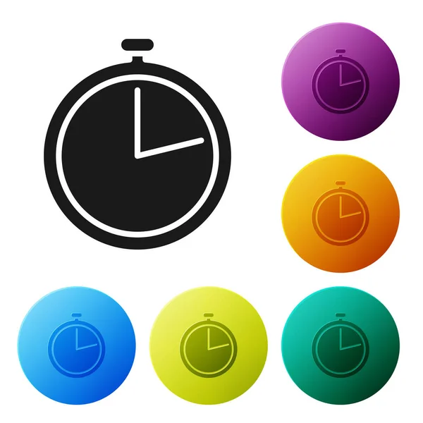 Black Stopwatch icon isolated on white background. Time timer sign. Set icons colorful circle buttons. Vector Illustration — Stock Vector