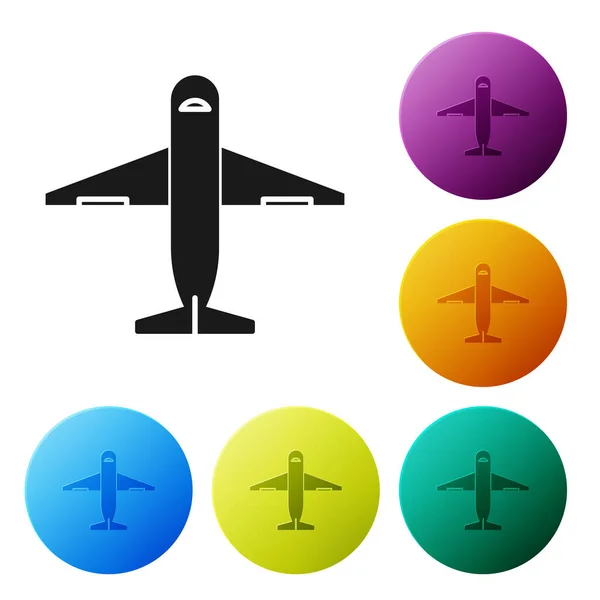 Black Plane icon isolated on white background. Delivery, transportation. Cargo delivery by air. Airplane with parcels, boxes. Set icons colorful circle buttons. Vector Illustration — Stock Vector