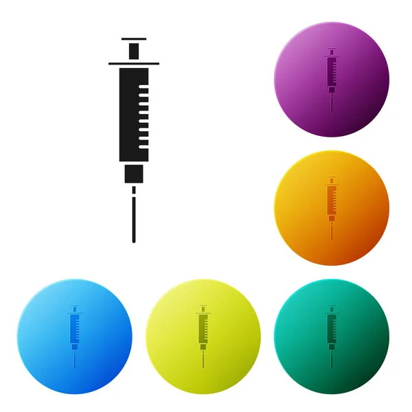 Black Syringe icon isolated on white background. Syringe for vaccine, vaccination, injection, flu shot. Medical equipment. Set icons colorful circle buttons. Vector Illustration — Stock Vector