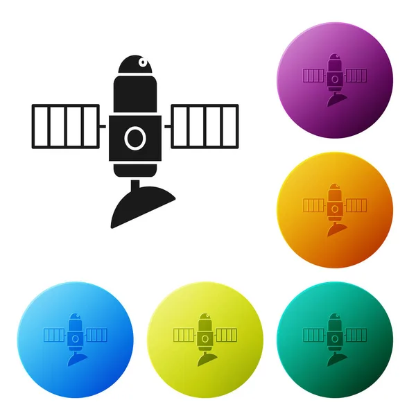 Ícone de satélite preto isolado no fundo branco. Definir ícones coloridos botões círculo. Ilustração vetorial — Vetor de Stock