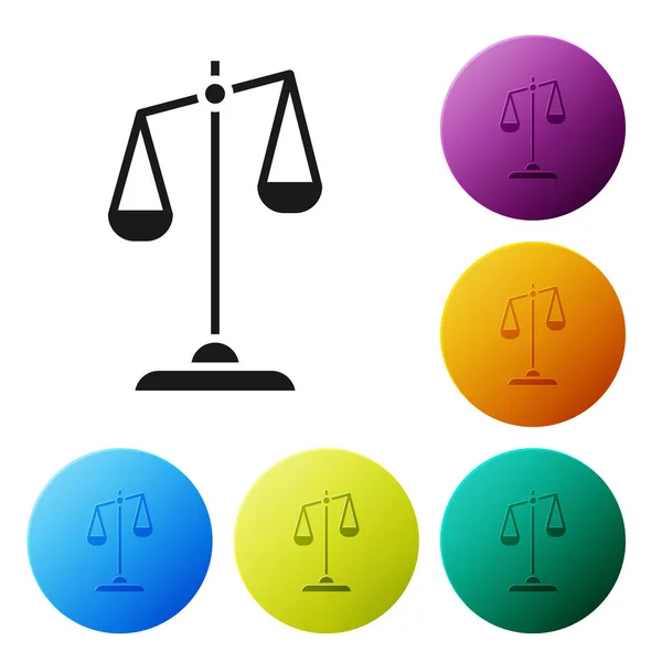 Black Scales of justice icon isolated on white background. Court of law symbol. Balance scale sign. Set icons colorful circle buttons. Vector Illustration — ストックベクタ