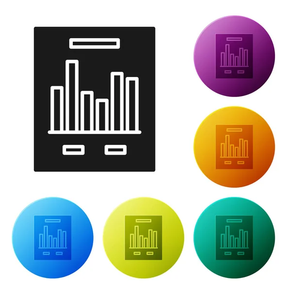 Fekete-dokumentum a grafikon diagram ikonnal, fehér alapon izolált. Jelentés szövegfájl ikonja. Számlázási előjel. Audit, elemzés, tervezés. Készlet ikonok színes kör gombok. Vektoros illusztráció — Stock Vector