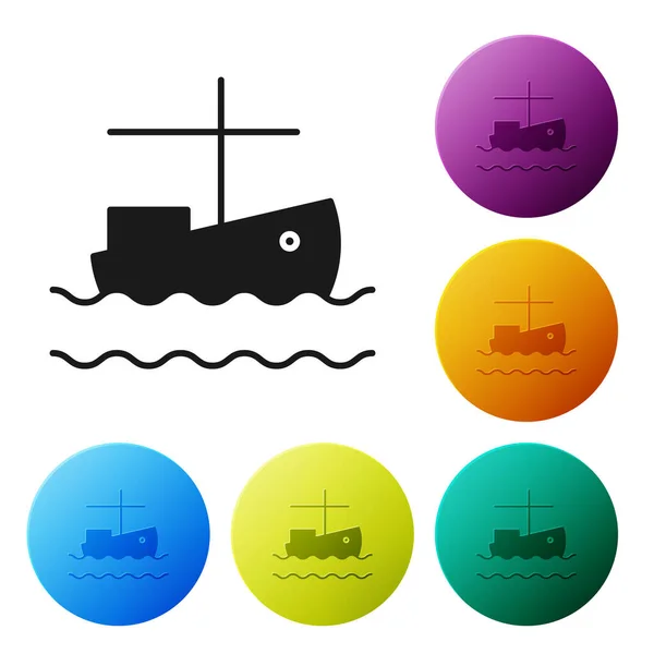Barco de pesca preto no ícone de água isolado no fundo branco. Definir ícones coloridos botões círculo. Ilustração vetorial — Vetor de Stock