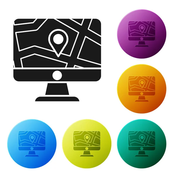 Zwarte Computer monitor en gevouwen kaart met locatiemarkering pictogram geïsoleerd op witte achtergrond. Stel pictogrammen kleurrijke cirkel knoppen. Vector Illustratie — Stockvector