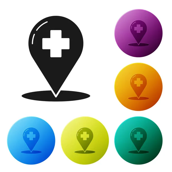 Siyah tıbbi harita işaretçisi, beyaz arka planda çapraz hastane ikonu var. Renkli daire düğmelerini ayarlayın. Vektör İllüstrasyonu — Stok Vektör