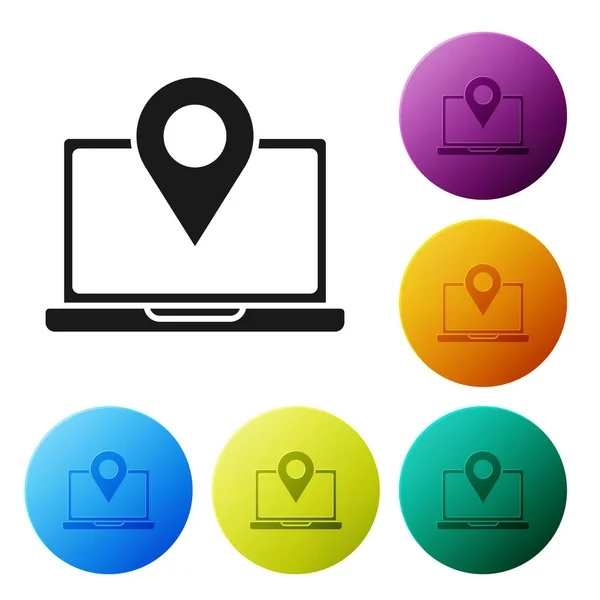 Czarny laptop z ikoną markera lokalizacji na białym tle. Zestaw ikon kolorowe przyciski koła. Ilustracja wektora — Wektor stockowy