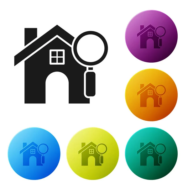Schwarzes Haussuchsymbol isoliert auf weißem Hintergrund. Immobiliensymbol eines Hauses unter der Lupe. setzen Symbole bunte Kreis-Tasten. Vektorillustration — Stockvektor