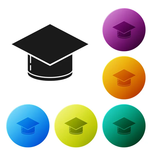 Icono de la tapa de graduación negra aislado sobre fondo blanco. Sombrero de graduación con icono de borla. Establecer iconos botones círculo de colores. Ilustración vectorial — Vector de stock