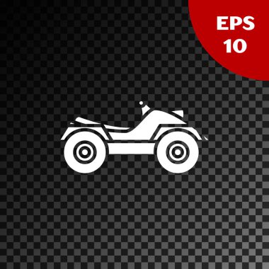 Beyaz Tüm Arazi Aracı ya da Atv motosiklet simgesi şeffaf koyu arkaplanda izole edilmiş. Dörtlü bisiklet. Olağanüstü bir spor. Vektör İllüstrasyonu