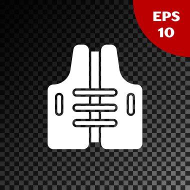 Beyaz Hayat ceketi simgesi, şeffaf koyu arkaplanda izole edilmiş. Can yeleği ikonu. Olağanüstü bir spor. Spor malzemeleri. Vektör İllüstrasyonu