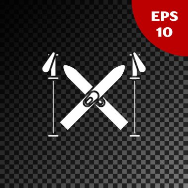 Beyaz Kayak ve Çubuk simgesi, şeffaf koyu arkaplanda izole edilmiş. Olağanüstü bir spor. Kayak ekipmanları. Kış sporları ikonu. Vektör İllüstrasyonu