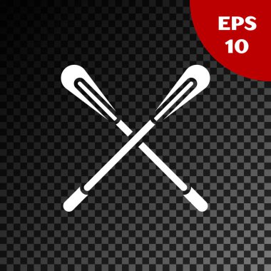 Beyaz çapraz kürek simgesi, şeffaf koyu arkaplanda izole edildi. Kürek çekin. Vektör İllüstrasyonu