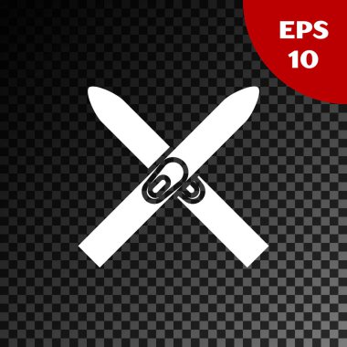 Beyaz Kayak ve Çubuk simgesi, şeffaf koyu arkaplanda izole edilmiş. Olağanüstü bir spor. Kayak ekipmanları. Kış sporları ikonu. Vektör İllüstrasyonu