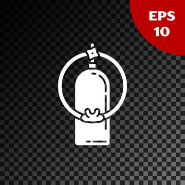 Beyaz Aqualung simgesi, şeffaf koyu arkaplanda izole edildi. Dalgıçlar için oksijen tüpü. Dalış ekipmanları. Olağanüstü bir spor. Spor malzemeleri. Vektör İllüstrasyonu