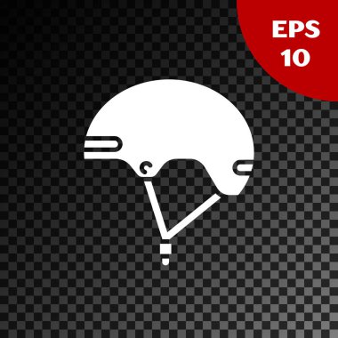 Şeffaf koyu arkaplanda beyaz kask simgesi izole edildi. Olağanüstü bir spor. Spor malzemeleri. Vektör İllüstrasyonu