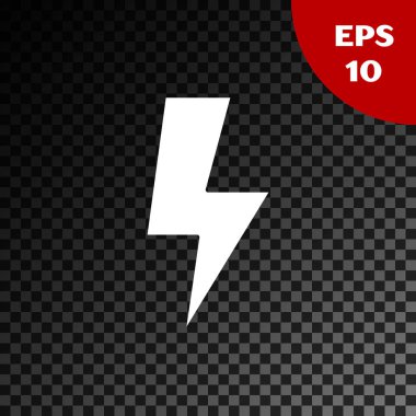 Beyaz Şimşek simgesi, şeffaf koyu arkaplanda izole edilmiş. Flaş işareti. Flaş ikonunu yükle. Gök gürültüsü. Yıldırım çarpması. Vektör İllüstrasyonu