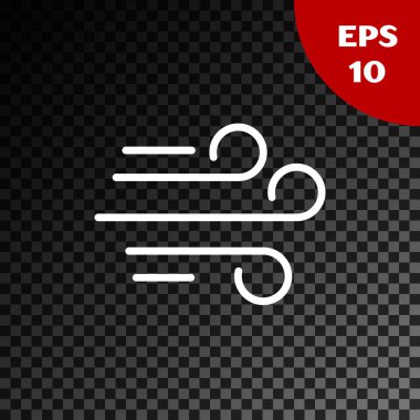 Beyaz Rüzgar simgesi, şeffaf koyu arkaplanda izole edildi. Rüzgarlı bir hava. Vektör İllüstrasyonu