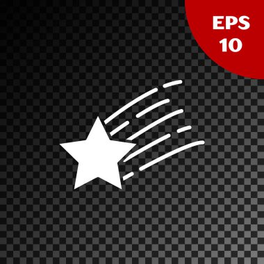 Beyaz Kayan Yıldız simgesi, şeffaf karanlık arka planda izole edildi. Yıldız izi ile kayan yıldız. Göktaşı, göktaşı, kuyruklu yıldız, asteroid, yıldız ikonu. Vektör İllüstrasyonu