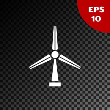 Beyaz Rüzgar türbin simgesi şeffaf koyu arkaplanda izole edildi. Rüzgar jeneratörü işareti. Yel değirmeni silueti. Elektrik üretimi için yel değirmeni. Vektör İllüstrasyonu