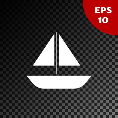 Beyaz Yat yelkenlisi ya da yelkenli ikonu, saydam karanlık arka planda izole edilmiş. Yelkenli deniz seyahati. Vektör İllüstrasyonu