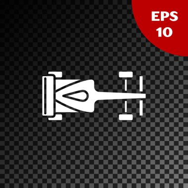 Beyaz Formula yarış arabası simgesi şeffaf koyu arkaplanda izole edildi. Vektör İllüstrasyonu