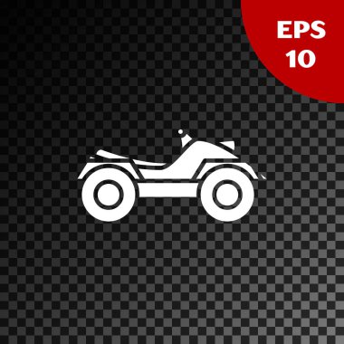 Beyaz Tüm Arazi Aracı ya da Atv motosiklet simgesi şeffaf koyu arkaplanda izole edilmiş. Dörtlü bisiklet. Olağanüstü bir spor. Vektör İllüstrasyonu